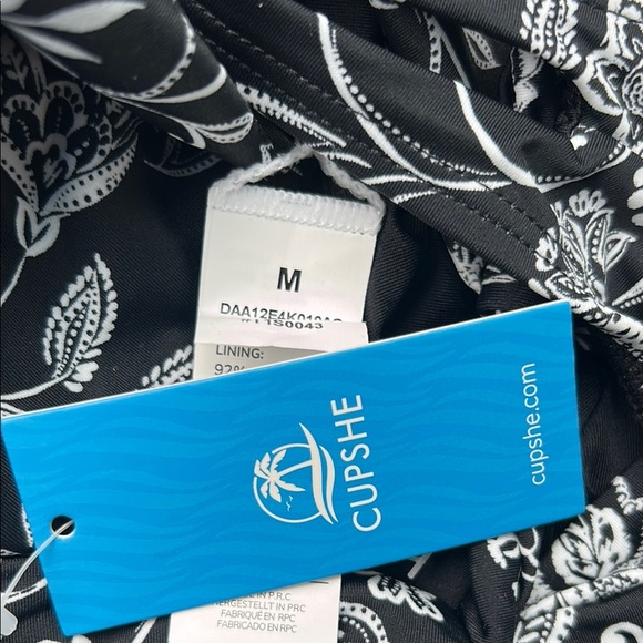 CUPSHE VNeck Double Straps Cross Back Tie One Piece Swimsuit Black White Floral - Picture 2 of 13